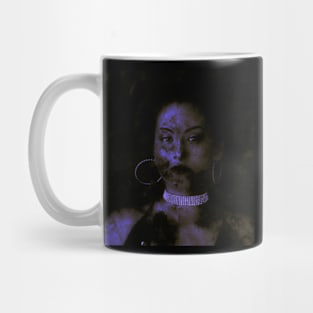 Beautiful girl, brown lighting, blue tones, jewelry. Beautiful and dark. Mug